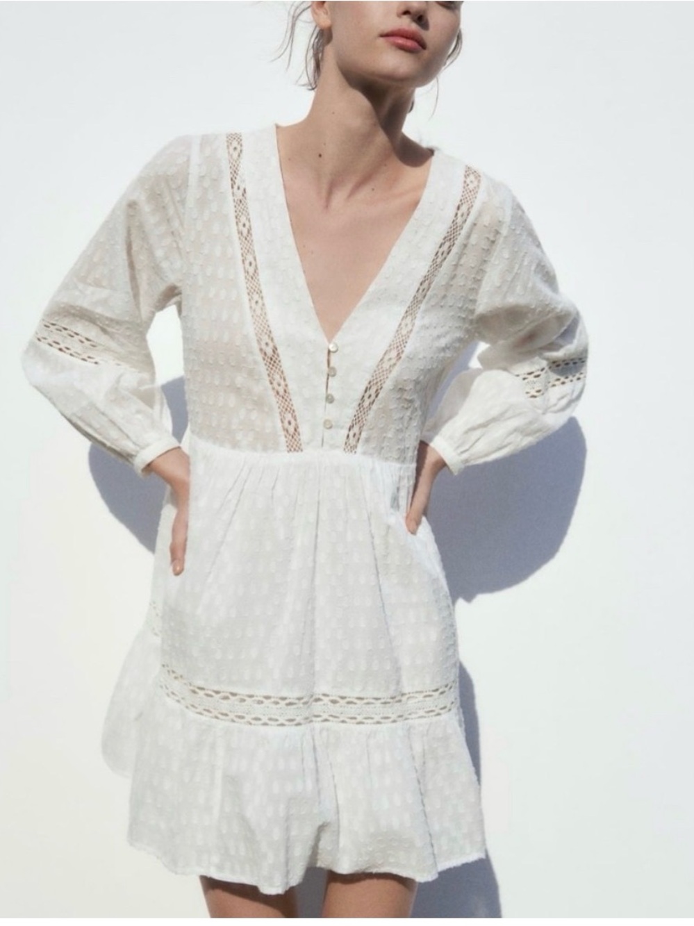 Zara White Cotton Lace-Trim V‑Neck Mini Dress